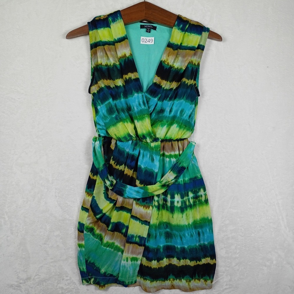 XOXO Mini Dress‎ Womens Small Green Blue Tie Dye Surplice V-Neck Boho Summer Y2K